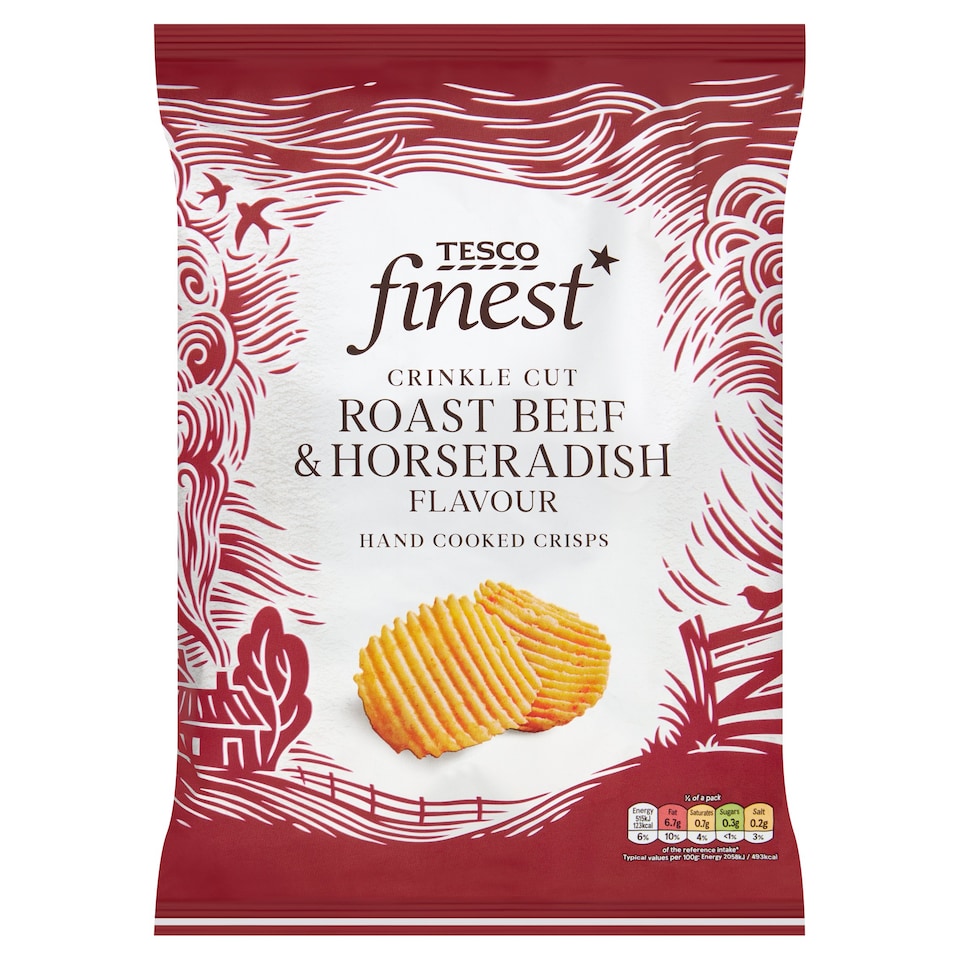 Tesco: Finest Crinkle Cut Roast Beef & Horseradish Flavour Hand Cooked Crisps